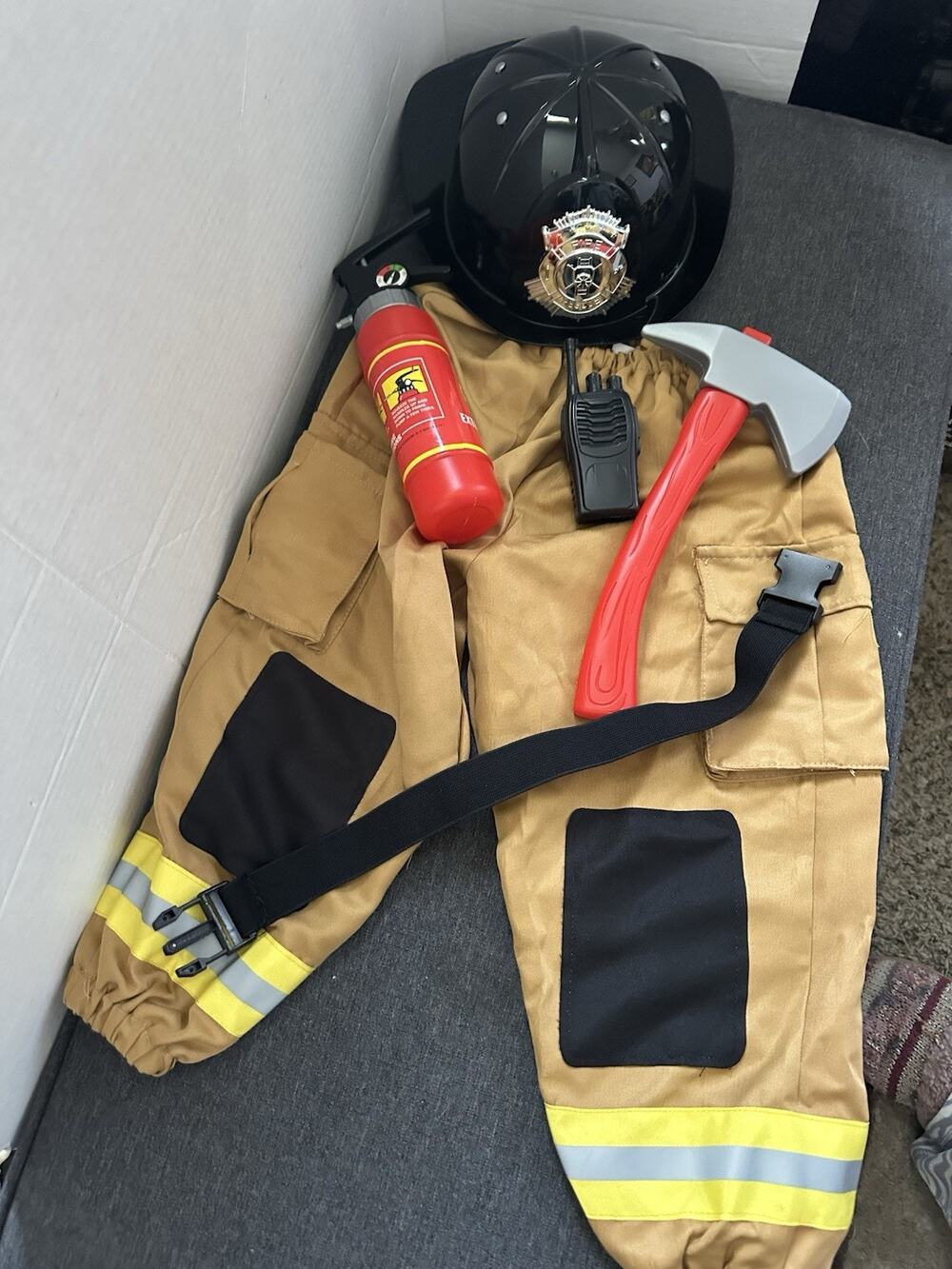 Firefighter Costume Kids 3T Helmet Pants Axe Extinguisher Walkie Talkie Incomple